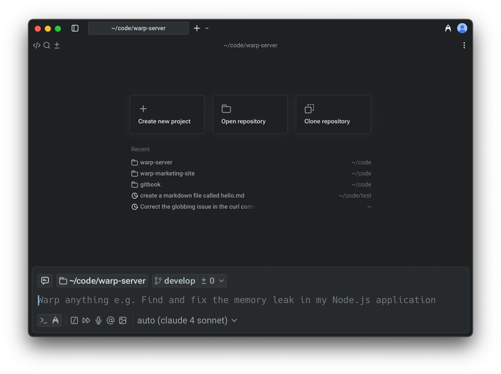 Zero-state tab with 3 starting points for agentic coding in Warp.